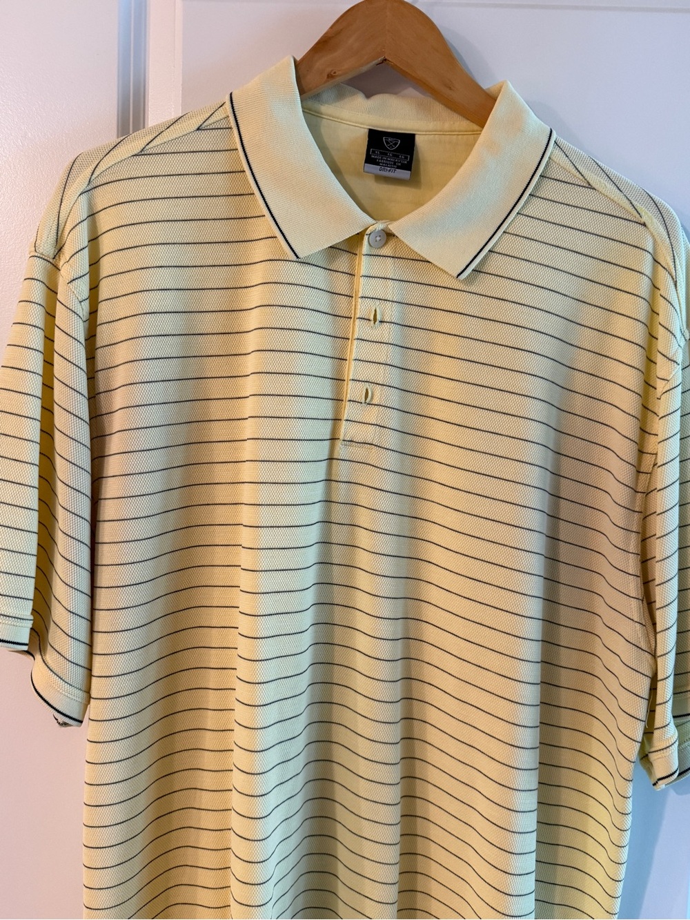 Nike Men's Light Yellow Polo with Thin Navy Stripes